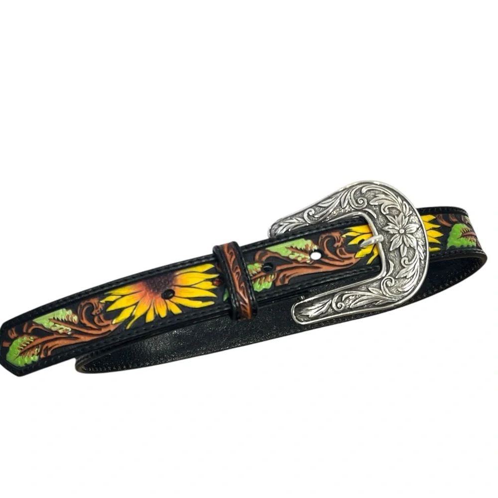 Nocona – Girls Western Sunflower Leather Tooled Belt ( Black ) Size 24